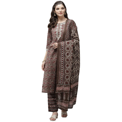 anubhutee Women's Cotton Brown Ethnic Motifs Printed Straight Kurta Suit Set With Pants And Dupatta