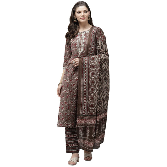 anubhutee Women's Cotton Brown Ethnic Motifs Printed Straight Kurta Suit Set With Pants And Dupatta