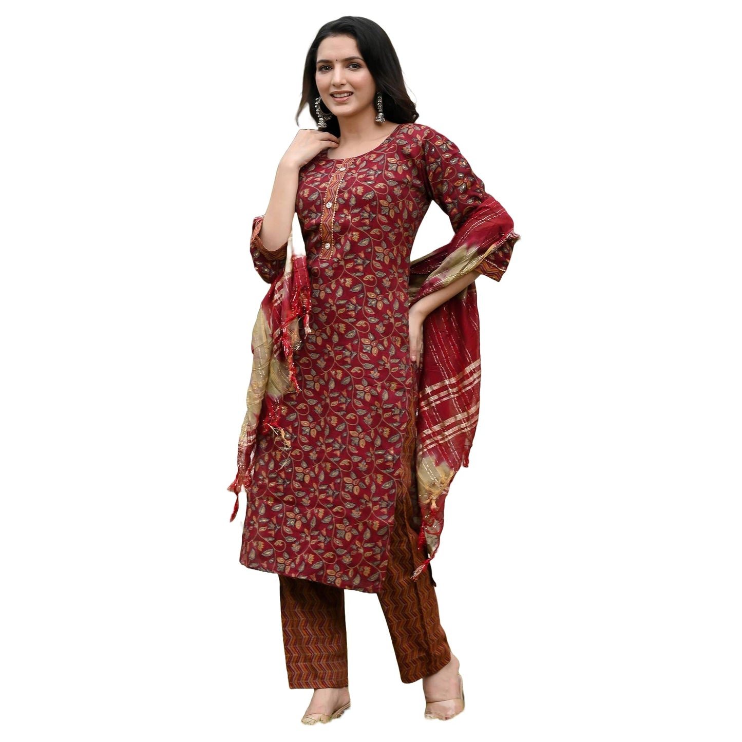Lookmark WomenS Embroidered Cotton Straight Kurta Set With Pants & Dupatta - Elevate Your Style With This Exquisite Ensemble (A