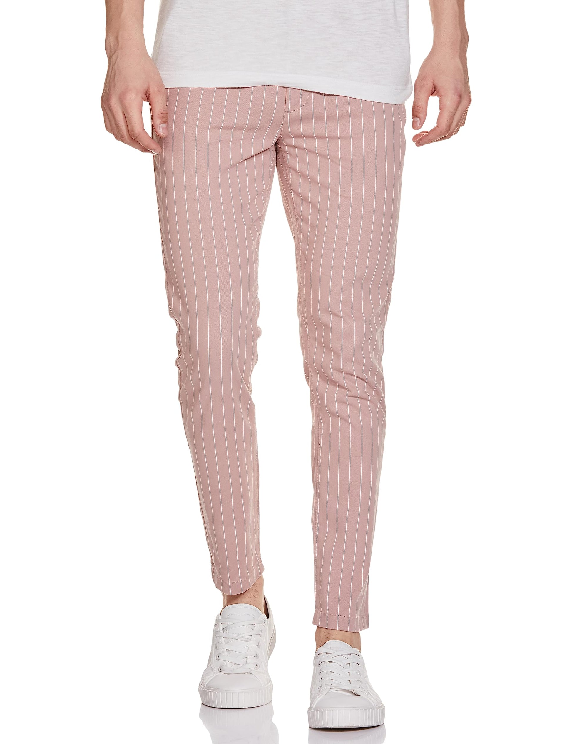 The Indian Garage Co Men Slim Fit Striped Mid-Rise Stretchable Chinos Rose