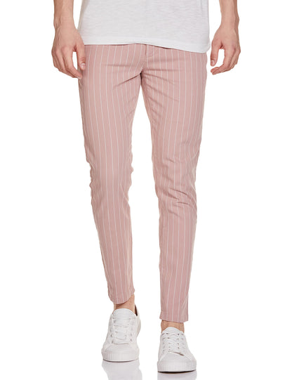 The Indian Garage Co Men Slim Fit Striped Mid-Rise Stretchable Chinos Rose