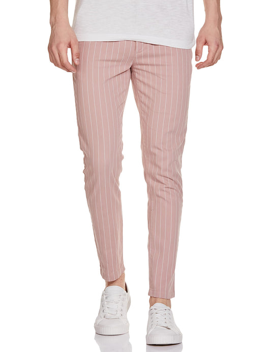 The Indian Garage Co Men Slim Fit Striped Mid-Rise Stretchable Chinos Rose