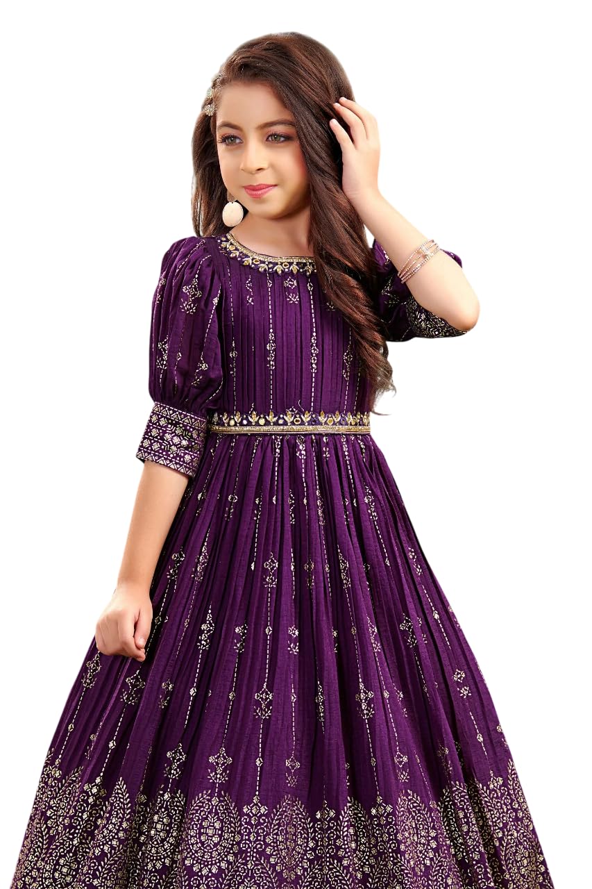 White Button New Wine Ethnic Long Party Kids Gown for Girls Maxi Dress