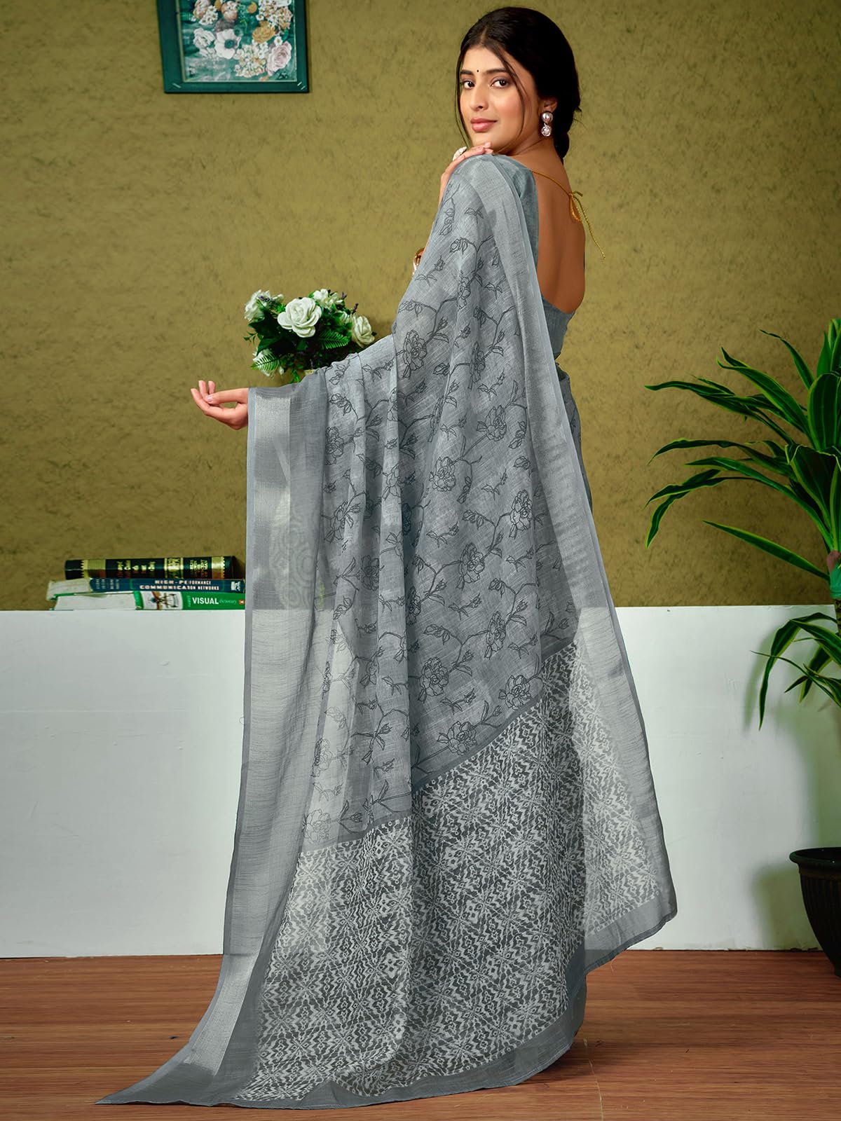 Satrani Womens Linen Printed & Zari Border Ready To Wear One Minute Pre Pleated Readymade Saree with Unstitched Blouse Piece (3