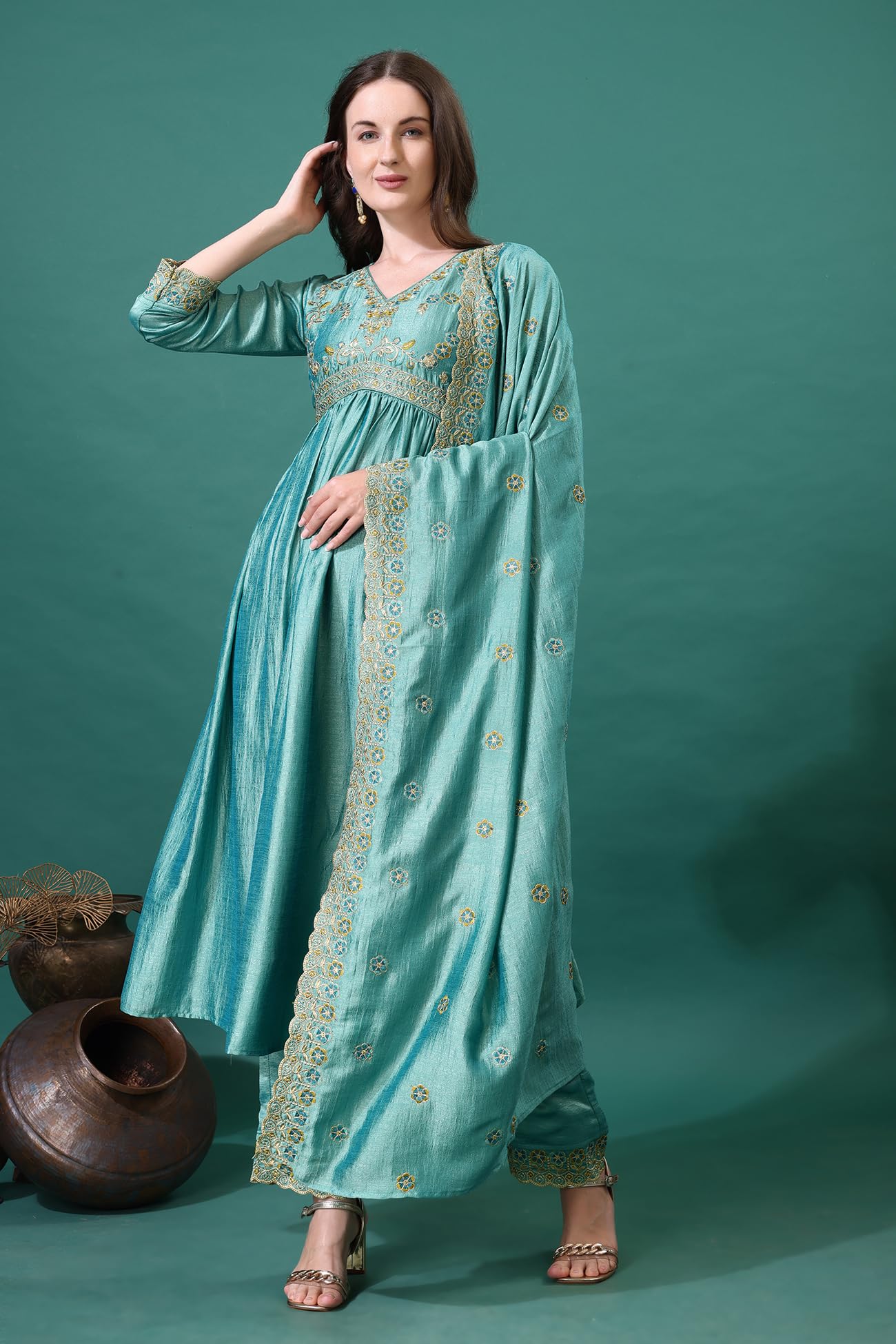 Pratham Blue WomenS Silk Embroidered Anarkali Kurta Palazzos With Dupatta |Kurta Set For Women |Women Kurta |Women Embroidered