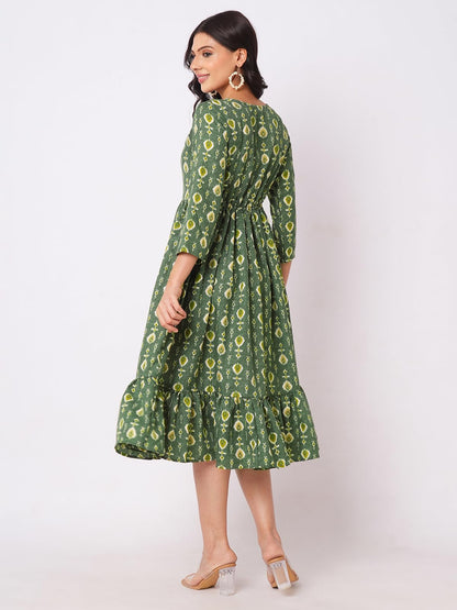 Selvia Western Dress For Women|Cotton Blend Dress For Women|Fit & Flare Dress|Foil Printed Dress For Women|One Piece Dress For W