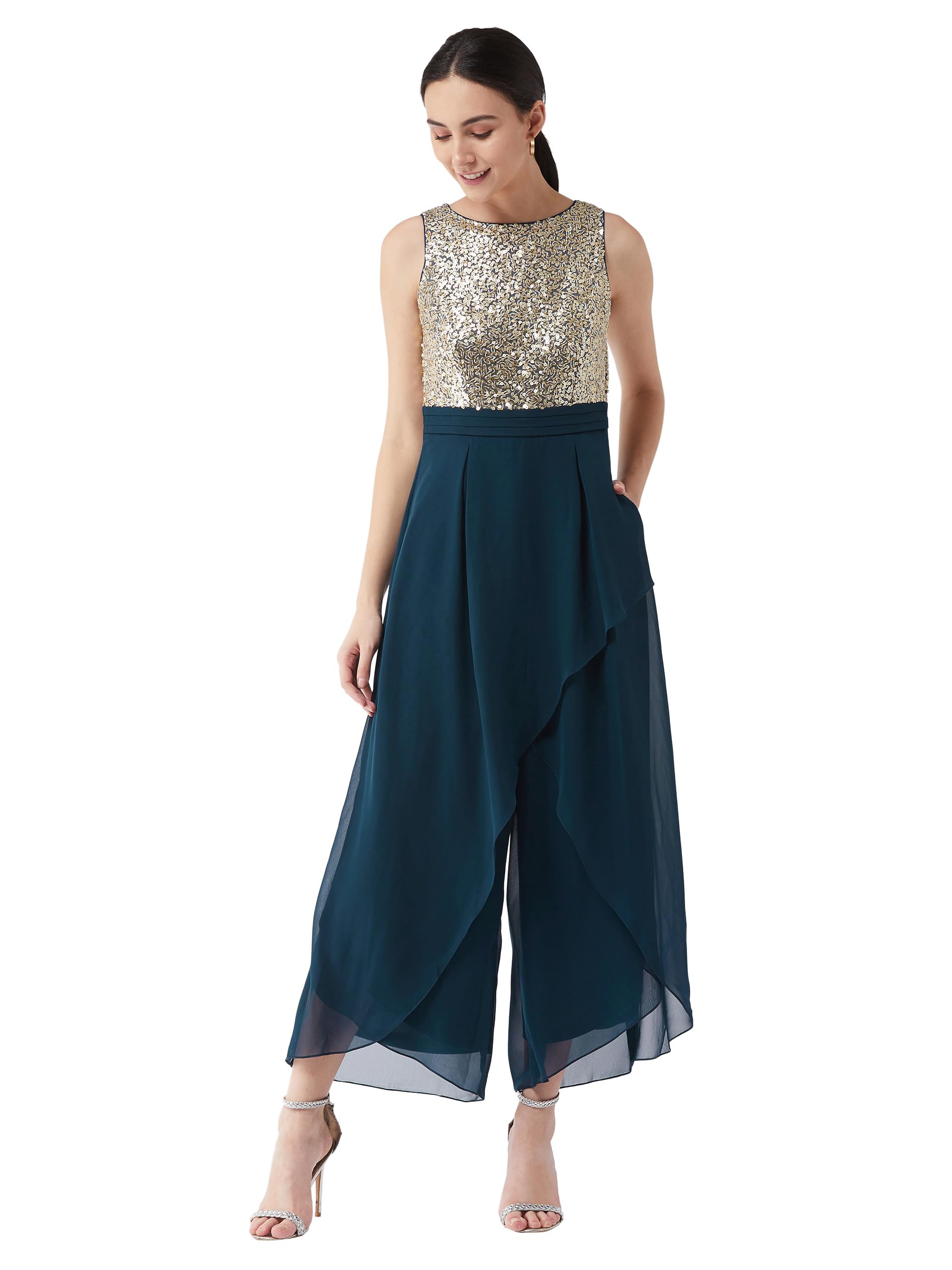 Miss Chase Womens Round Neck Sleeveless Regular Length Jumpsuit (MCSS24D97-44-83-06, Teal, XL)