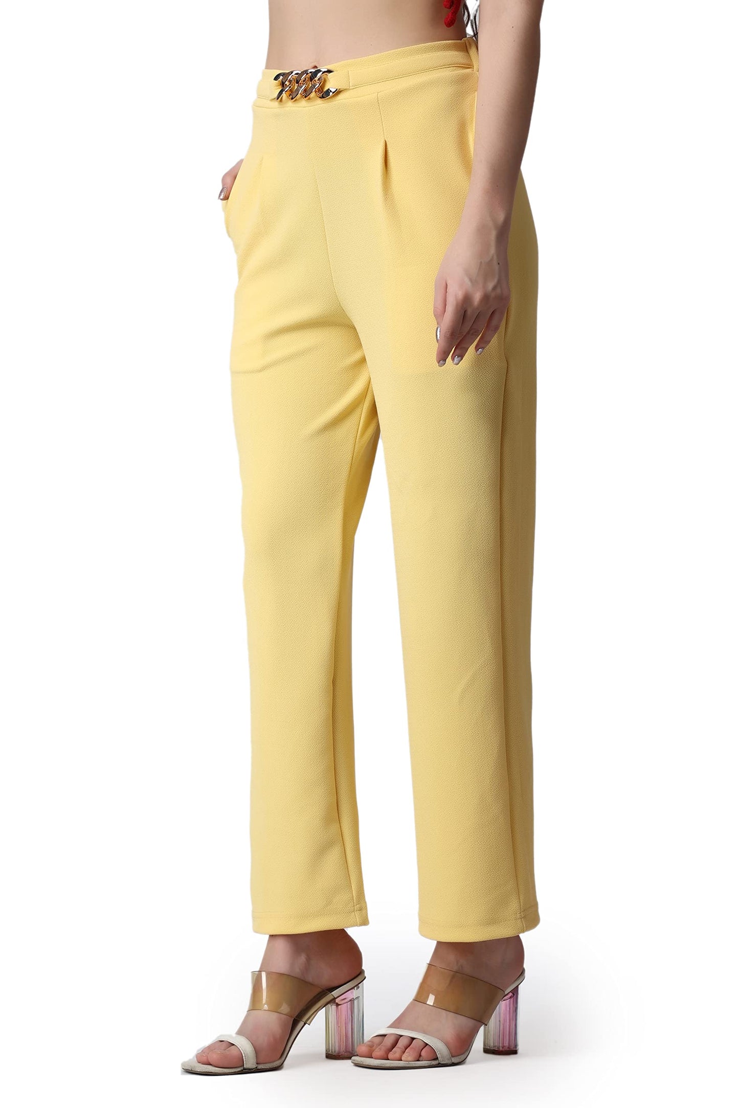 POPWINGS Solid Full-Length Pull-On Polyester Regular-Fit Formal Work Trousers for Women Lime Yellow