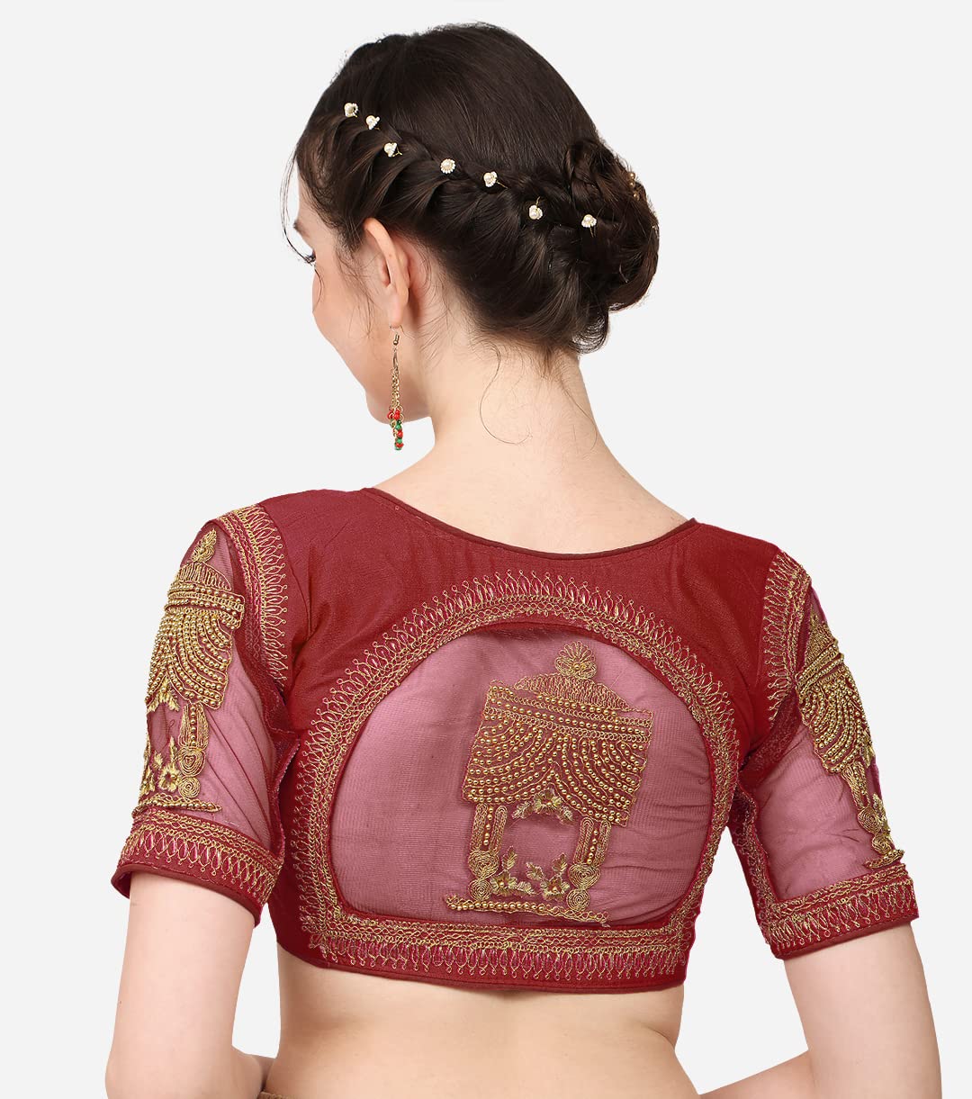 Pujia Mills WomenS Multicolor Temple Embroidery Net Back Sequence Khatli Work Sleeves Design Phantom Silk Readymade Saree Blous