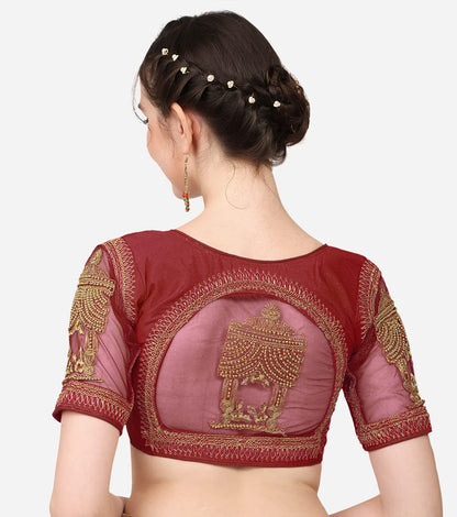 Pujia Mills WomenS Multicolor Temple Embroidery Net Back Sequence Khatli Work Sleeves Design Phantom Silk Readymade Saree Blous