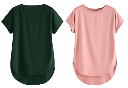 Fabricorn Combo Of Plain Bottle Green V-Neck And Dusty Rose Round Neck Up And Down Cotton Tshirt For Women (Bottle Green And Dus