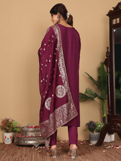 Varanga Women Pure Silk Purple Zari Embroidered Kurta with Bottom and Dupatta