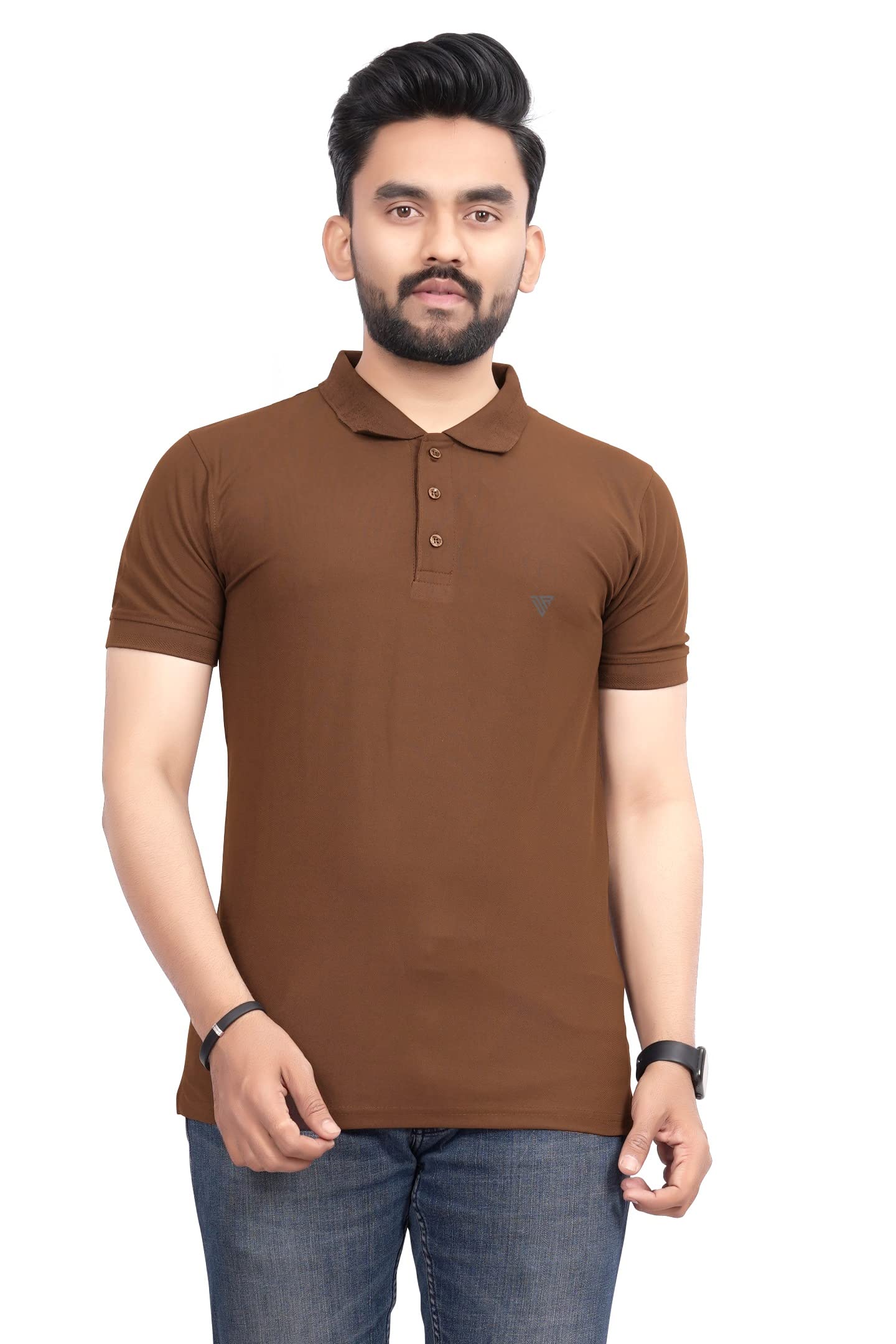 More & More MenS Solid Regular Fit Polo Brown