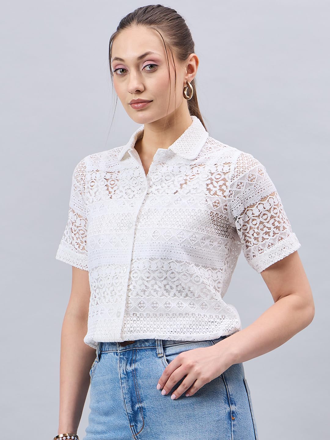 Style Quotient Women White Lace Smart Casual Shirt