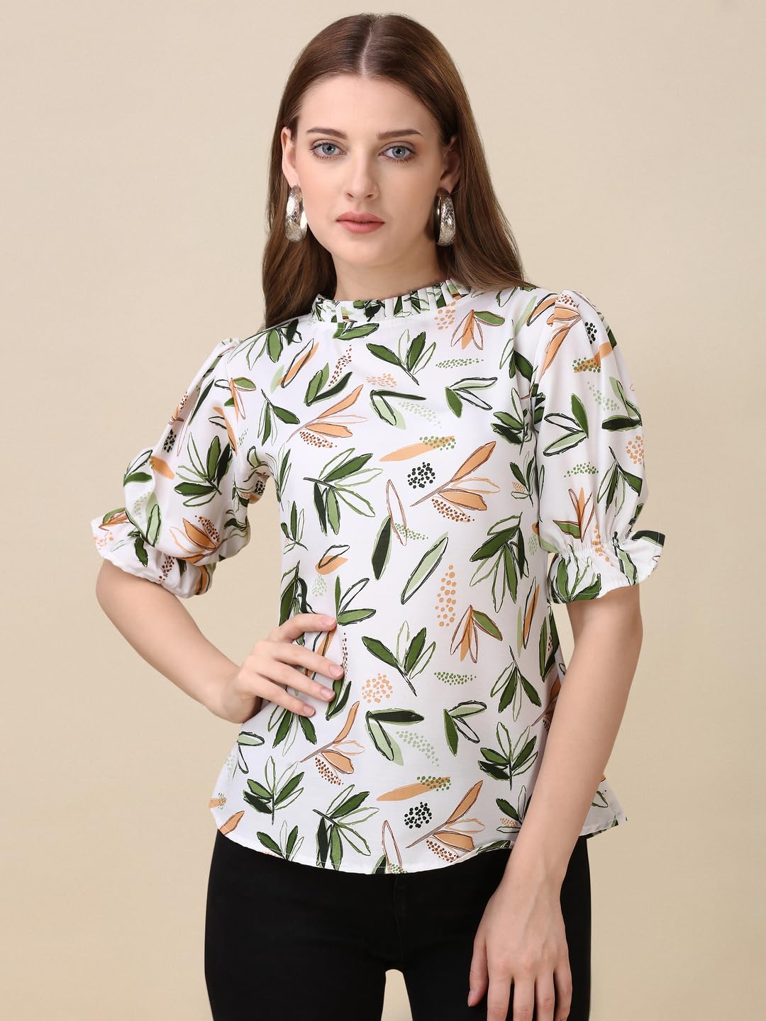 Gufrina WomenS Rayon Top With Half Sleeves High Round Neck Floral Printed Regular Fit Western Style And Standard Length