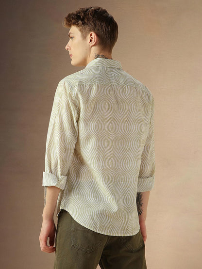 Dennis Lingo MenS Beige Cotton Spread Collar Long Sleeves Printed Shirts