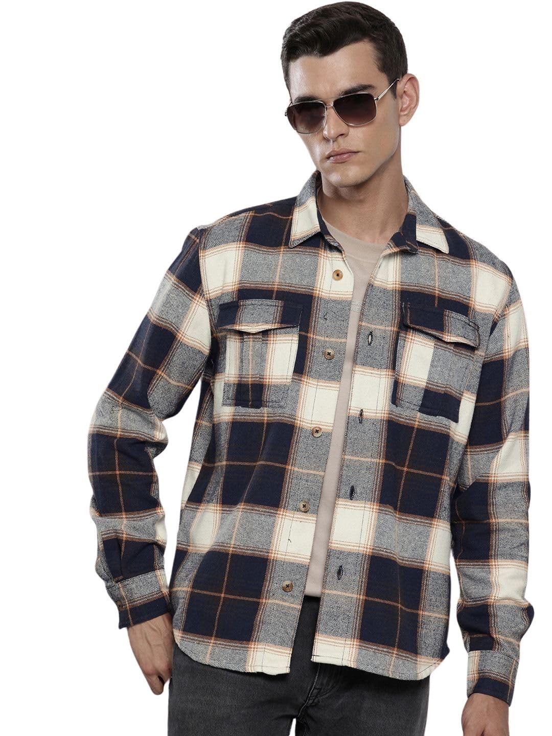 The Indian Garage Co Mens Regular Fit Checked Long Sleeves Casual Overshirt Sweater