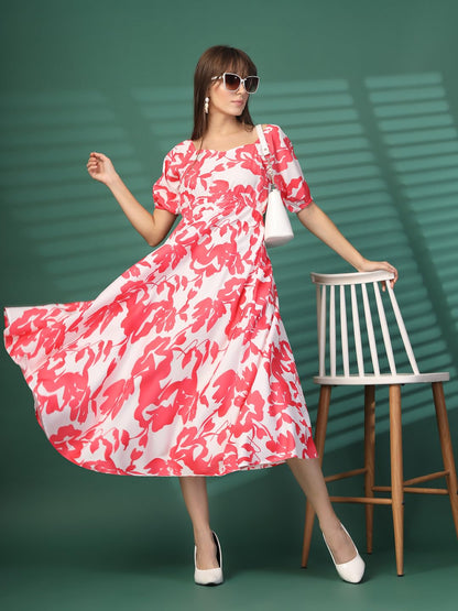 Oomph! Flared Dress For Women Stylish | Long One Piece For Women | Puff Sleeve Long Dress | Floral Print Maxi One Piece | Wester