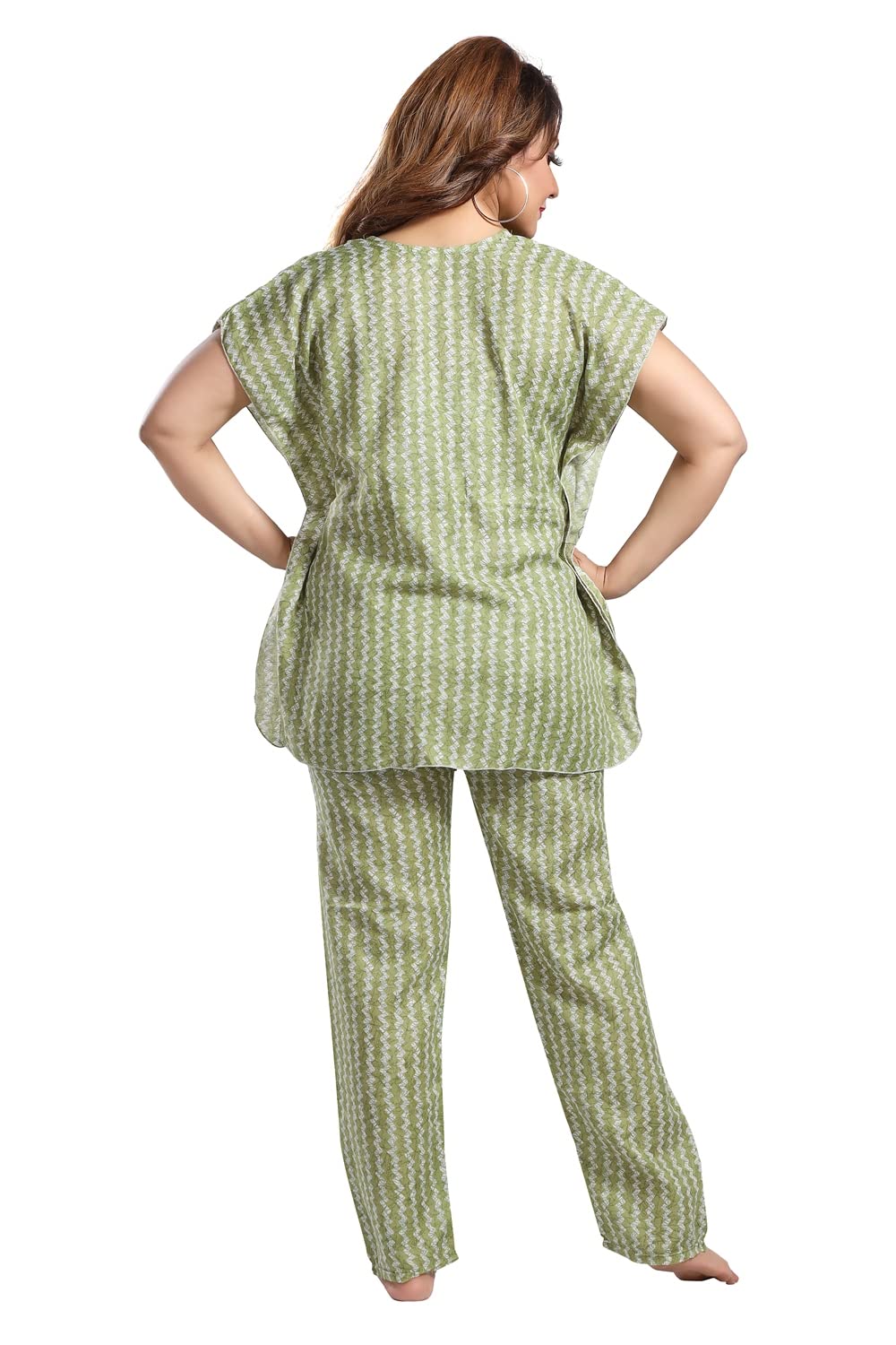 Fabme WomenS Cotton Printed Kaftan And Pyjama Set - Green_Cream