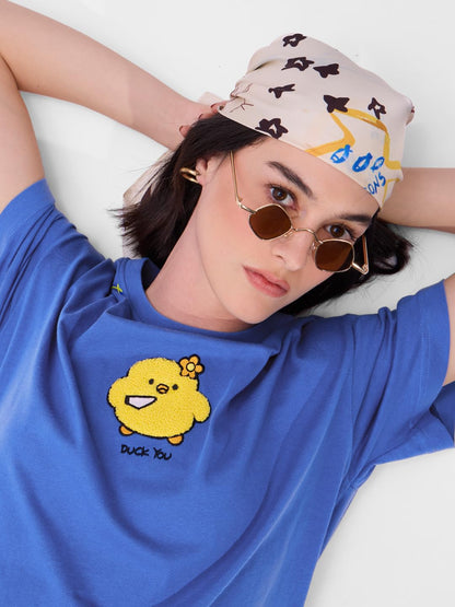 The Souled Store Duck You Women and Girls Short Sleeves Round Neck Blue Towelling Embroidered Cotton Oversized T-Shirts