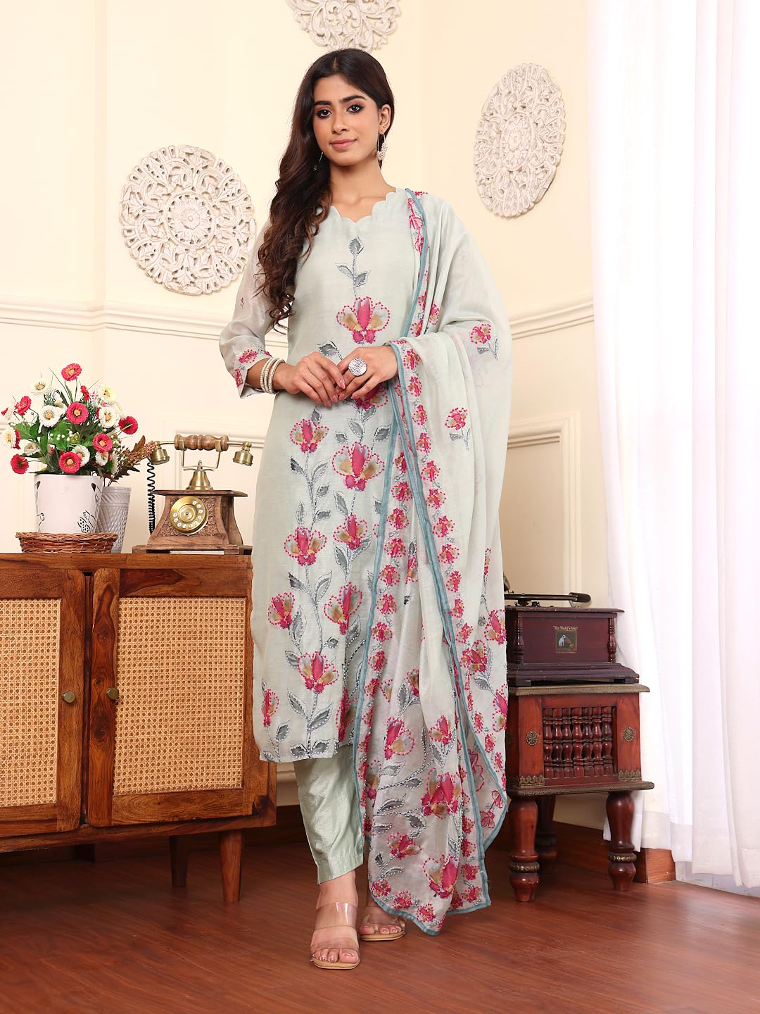 Varanga Women Aqua Blue Thread Embroidered Straight Kurta Set With Printed Dupatta