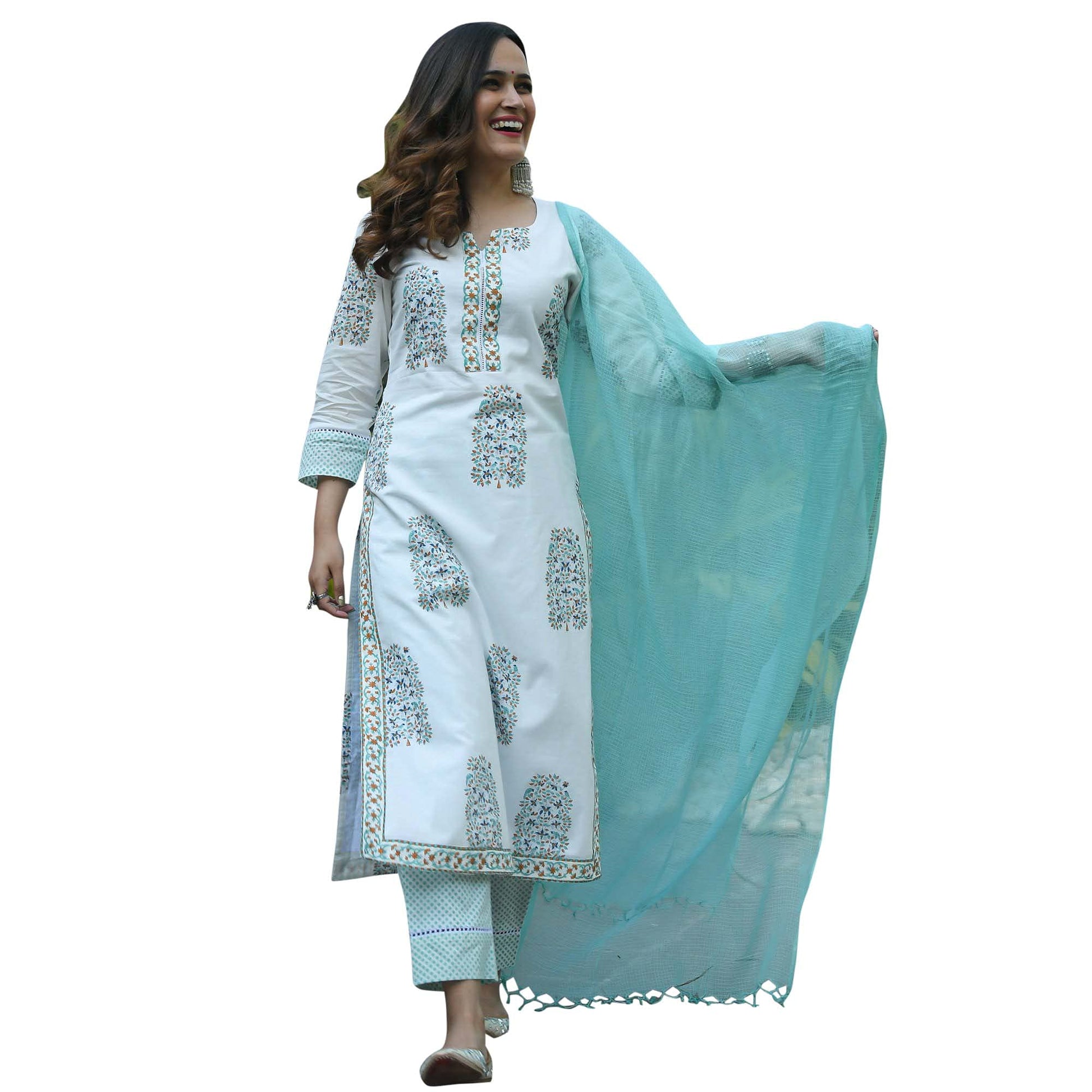 KLOSIA Women Pure Cotton Printed Straight Kurta with Pant & Dupatta Suit (Medium) White