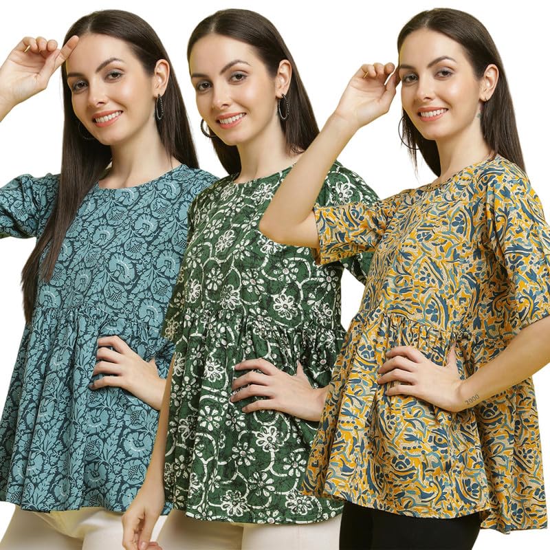 Pinkimint Crape Combo Top for Women ll Stylish Casual Flared Fancy Sleeve Printed Regular Fit Top (Pack of 3)