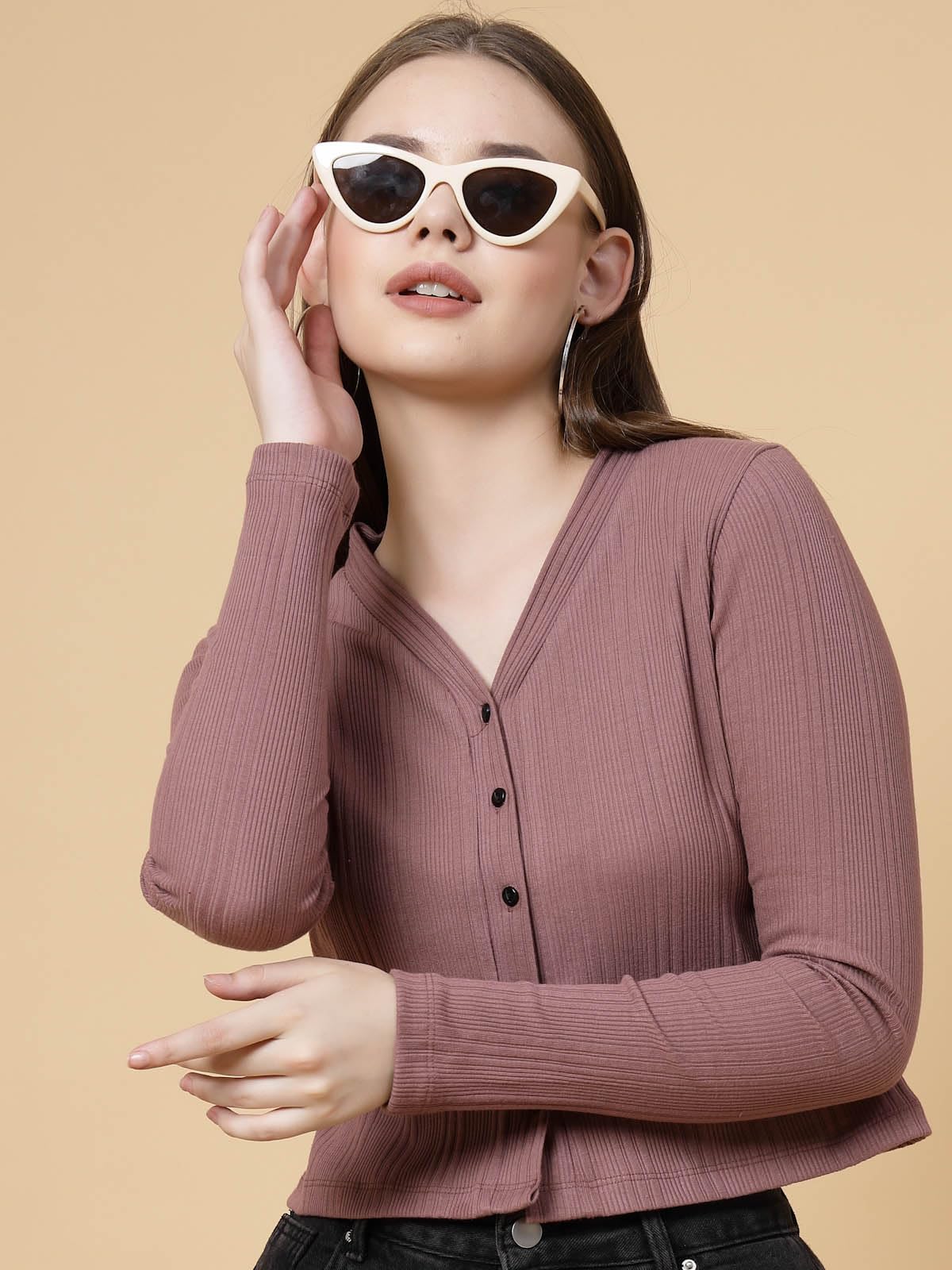 Rigo Casual Wear V Neck Rib Knit Top for Women | Slim Fit Long Sleeves Western Tops for Women