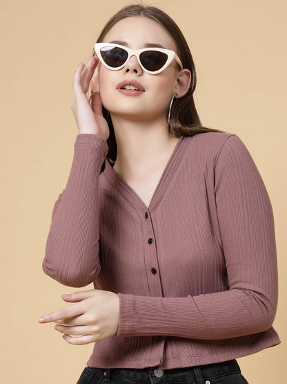 Rigo Casual Wear V Neck Rib Knit Top for Women | Slim Fit Long Sleeves Western Tops for Women
