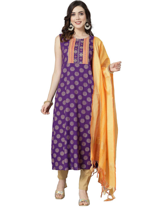 Stylum Women's Bandhej Printed Rayon A-Line Kurta with Dupatta (KDVOILPUNCH_Violet)