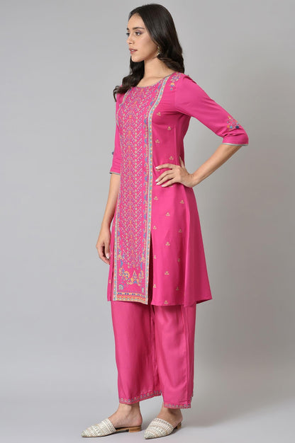W For Woman Pink Floral Printed Regular Kurta With Metallic Embroidery