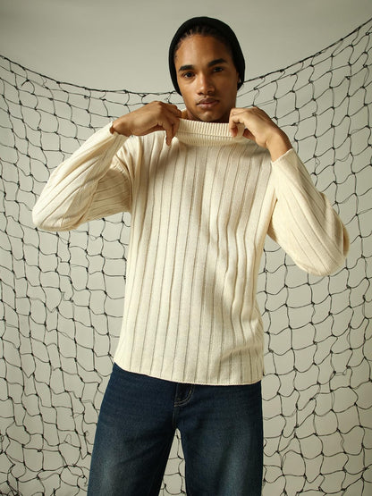 Hubberholme Men Knitted Acrylic Oversized Fit Turtle Neck Long Sleeve Sweaters Off White