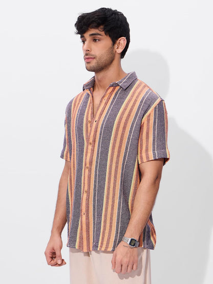 The Souled Store Fiesta Men and Boys Short Sleeves Collared Neck Button Front Multicolor Striped Cotton Textured Shirts