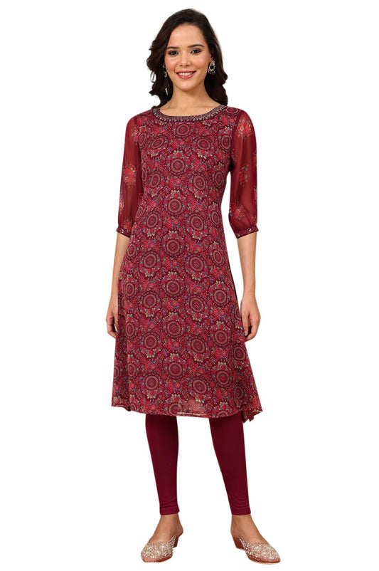 Wine Floral Printed Dori Embroidered Chiffon Kurta with Attached Lining