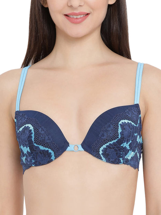 Clovia Womens Lace Lightly Padded Underwired Plunge Bra (BR1756R08_Blue_40B)