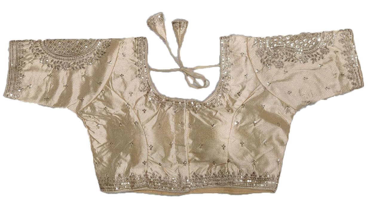Pujia Mills Womens Readymade Blouse Embroidery Golden Zari Coding Sequence Thread Work Indian Ethnic Designer Stitched Half Slee
