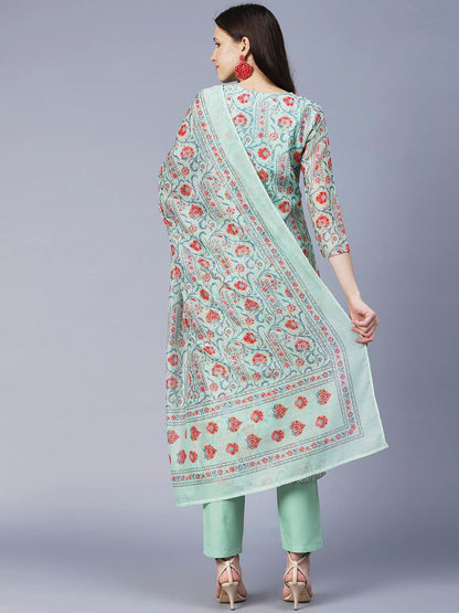GoSriKi Women's Cotton Blend Printed Straight Kurta with Pant & Dupatta (Totara-GS)
