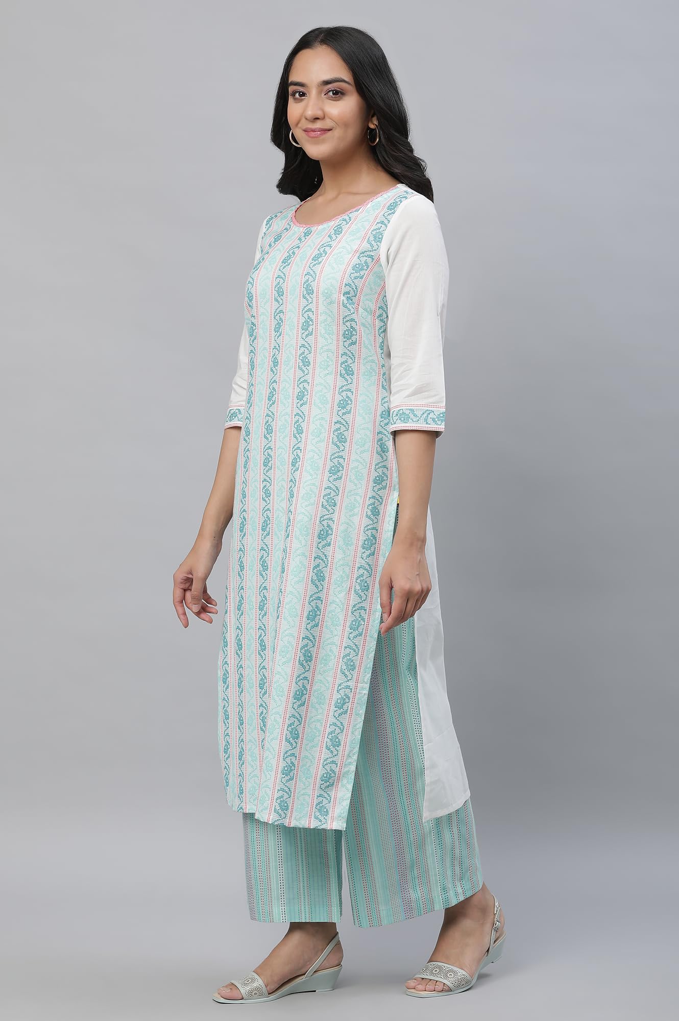 Aurelia Women's Spermint Pure Cotton Straight Kurta, Palazzos, Dupatta Suit Set