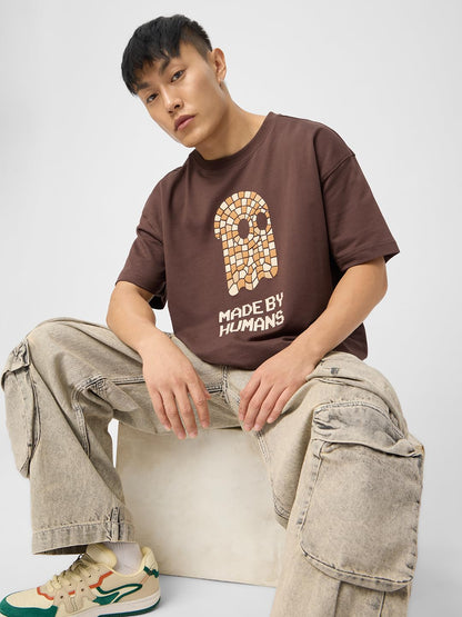 The Souled Store Originals : Mosaic Mens and Boys Oversize Fit Half Sleeves Cotton T-Shirt Brown
