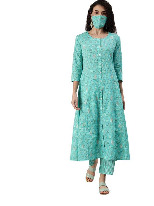 Ishin WomenS Cotton Blue Printed A-Line Kurta Trouser Set