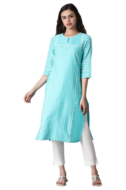W For Woman Dark Green Vertical Striped Cotton Blend Regular Embroidered Kurta