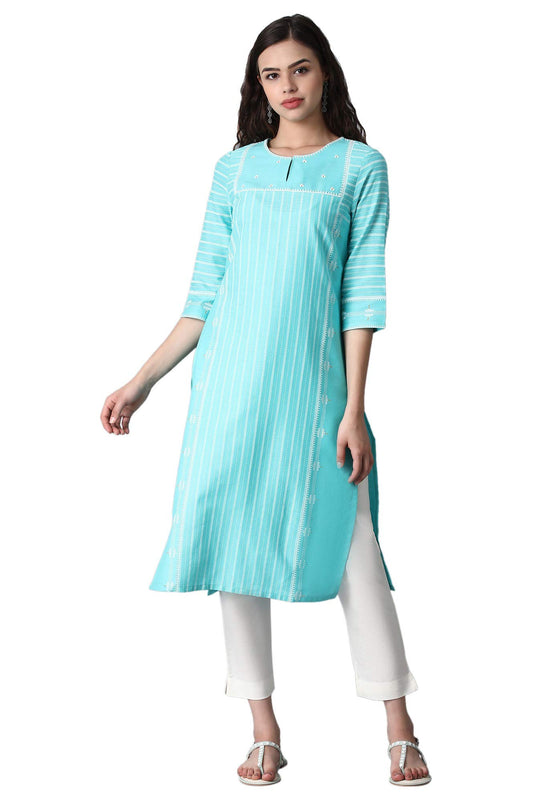 W For Woman Dark Green Vertical Striped Cotton Blend Regular Embroidered Kurta