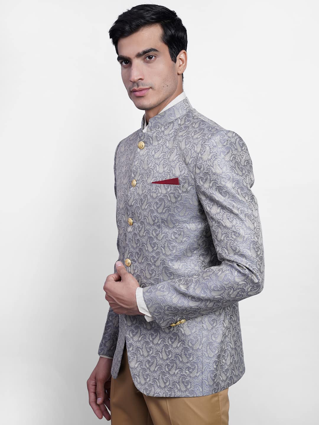 WINTAGE Mens Banarasi Rayon Cotton Festive and Casual Bandhgala Jodhpuri Blazer : Grey
