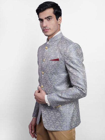 WINTAGE Mens Banarasi Rayon Cotton Festive and Casual Bandhgala Jodhpuri Blazer : Grey