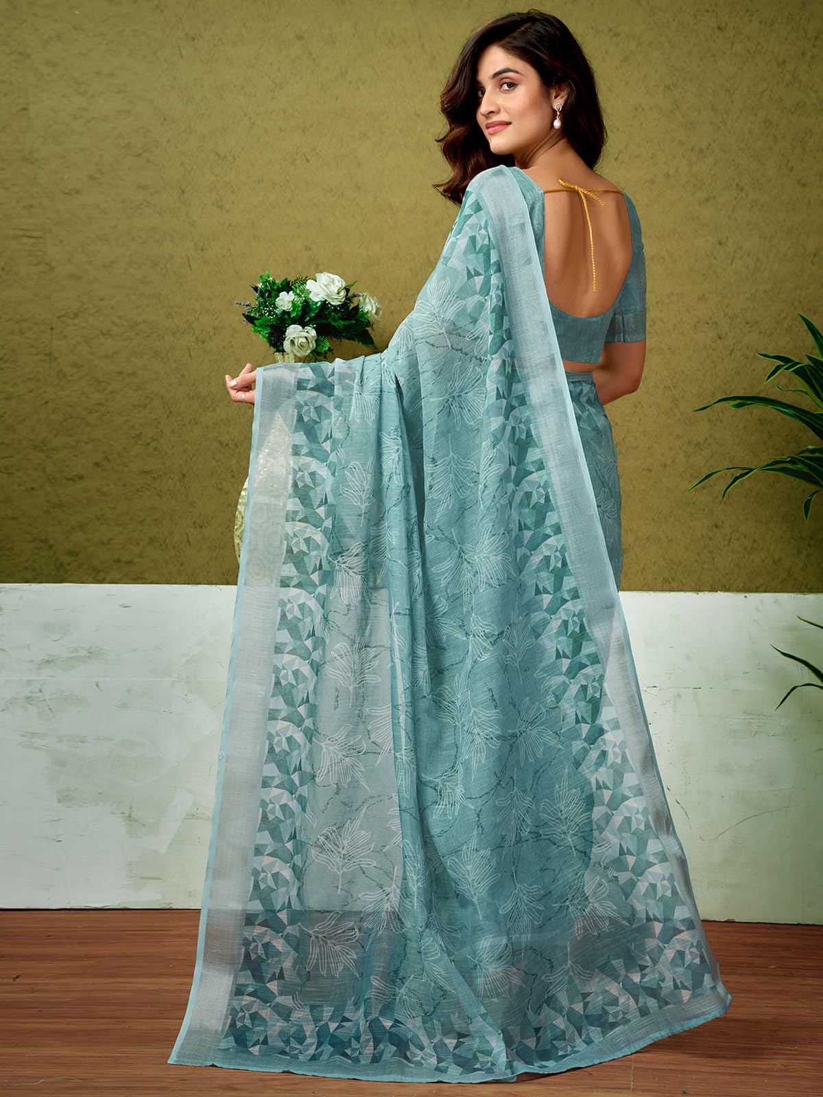 Satrani WomenS Linen Zari Border Printed Ready To Wear One Minute Pre Pleated Readymade Saree With Unstitched Blouse Piece (33R