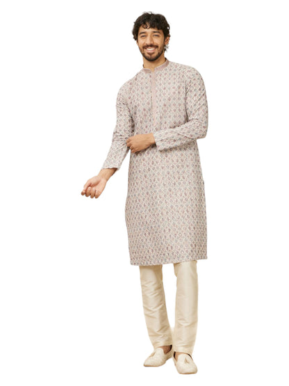 Manyavar Beige Blended Cotton Digital Printed Kurta Pyjama Set For Men
