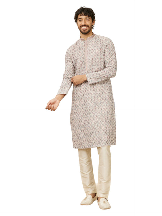 Manyavar Beige Blended Cotton Digital Printed Kurta Pyjama Set For Men