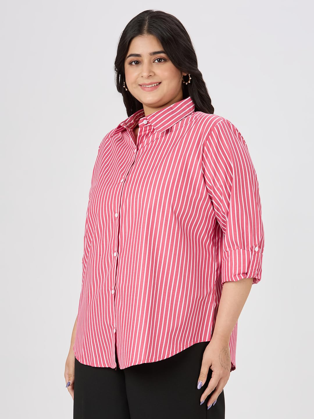 Style Quotient Plus Women Red and White Stripe Polycotton Formal Shirt