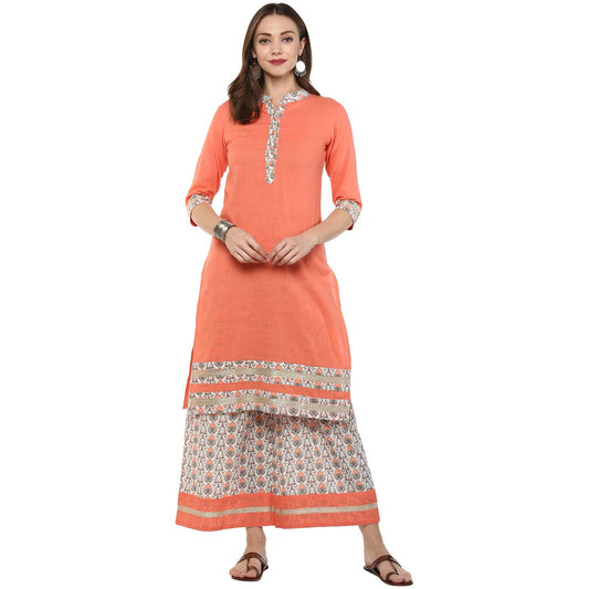 Idalia Women's Peach Cotton Kurta With Printed Palazzo Pants