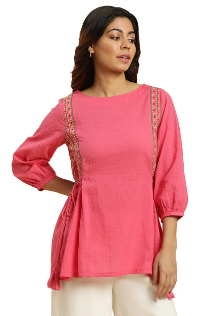 W Pink Textured Cotton Tunic Top For Women